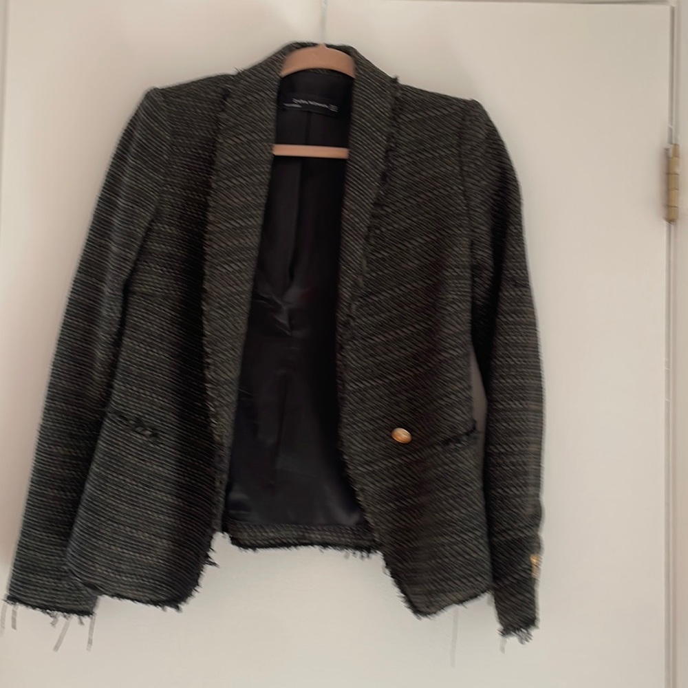 Woven cropped blazer in black and olive green weave size xs